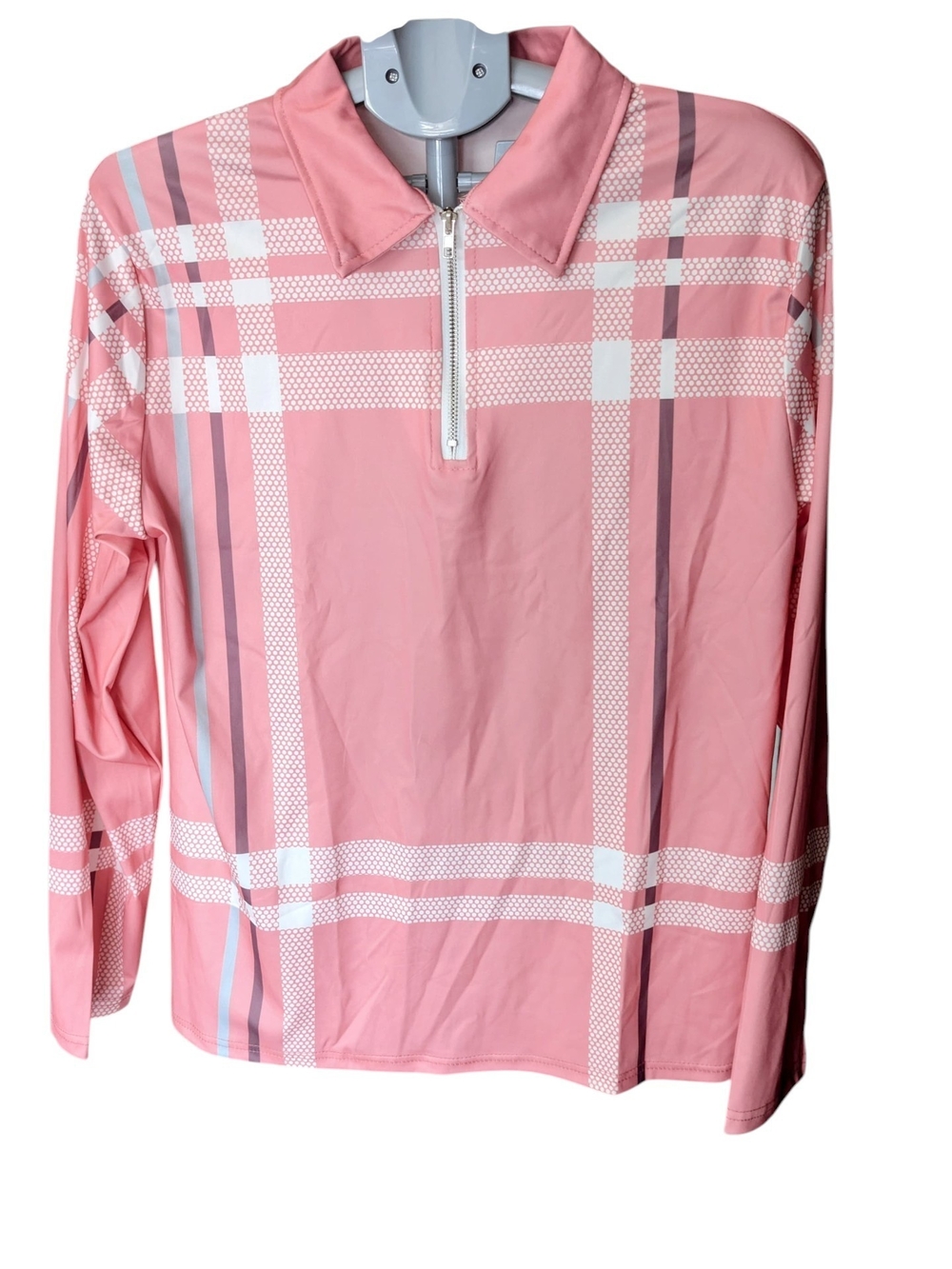 Pink Plaid Long Sleeve Polo Zip Up Shirt Unisex Size M